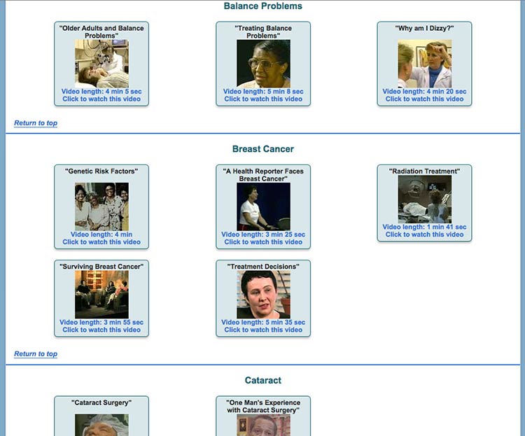 Screenshot of nihseniorhealth.gov video list