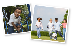 Boy climbing jungle gym, four kids playing soccer