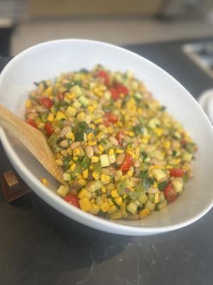 Hot three sisters succotash plated on a dish