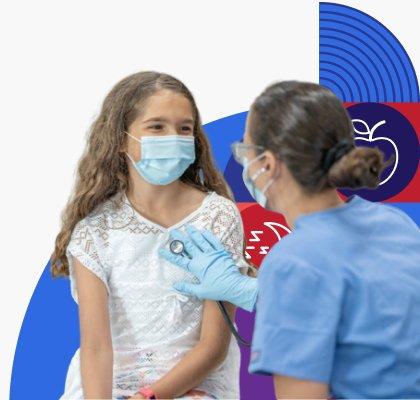 A provider uses a stethoscope to perform an exam on a young girl. 