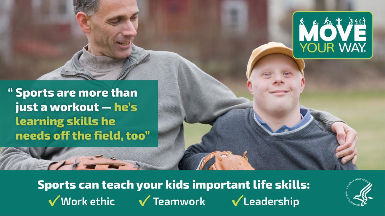 a father looks at his son and wraps his arm around his son's shoulder while they hold baseball gloves to their chests